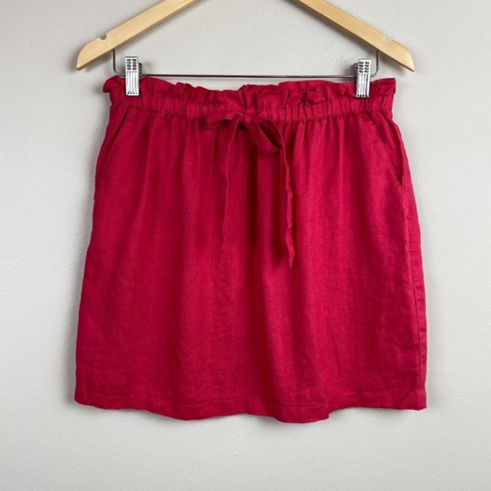 St. Tropez Skirt M Pink 100% Linen Paperbag Elastic Tie Waist Above Knee Pockets